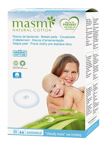 MASMI NATURAL COTTON. Впитывающие вкладыши для груди из органического хлопка для кормящих матерей 30шт