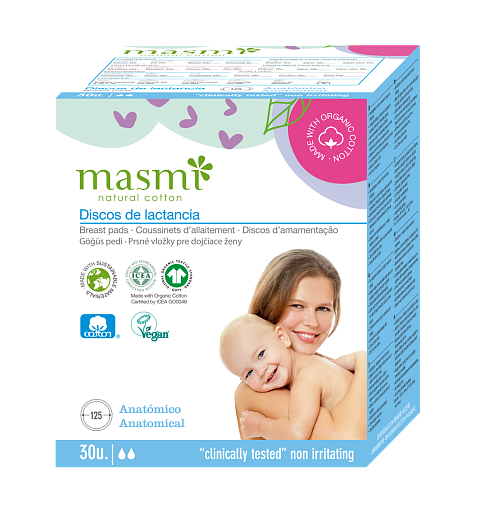 MASMI NATURAL COTTON. Впитывающие вкладыши для груди из органического хлопка для кормящих матерей 30шт