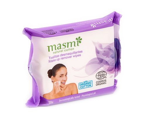 MASMI NATURAL COTTON. Органические влажные гигиенические  салфетки для снятия макияжа, 20 шт.