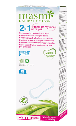 MASMI NATURAL COTTON. Гигиенические прокладки  2 в 1 Soft Maxi Plus из органического хлопка  на каждый день и для дней цикла 24шт